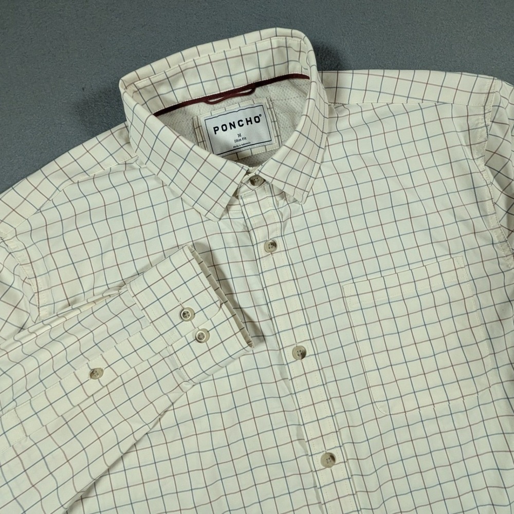 Poncho Button Down Shirt Mens Size Medium Slim Fit Tattersall Plaid Cream